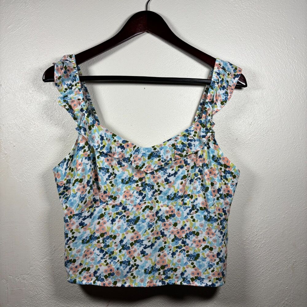 Abercrombie & Fitch Women's Blue Pink Cottagecore Floral Ruffle Crop Tank Top